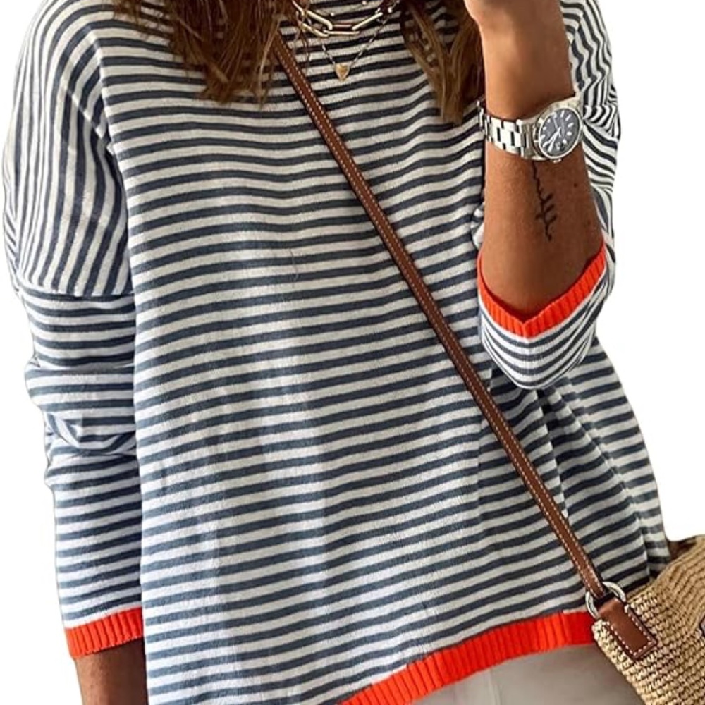 Ladies black and white striped cotton pullover size L